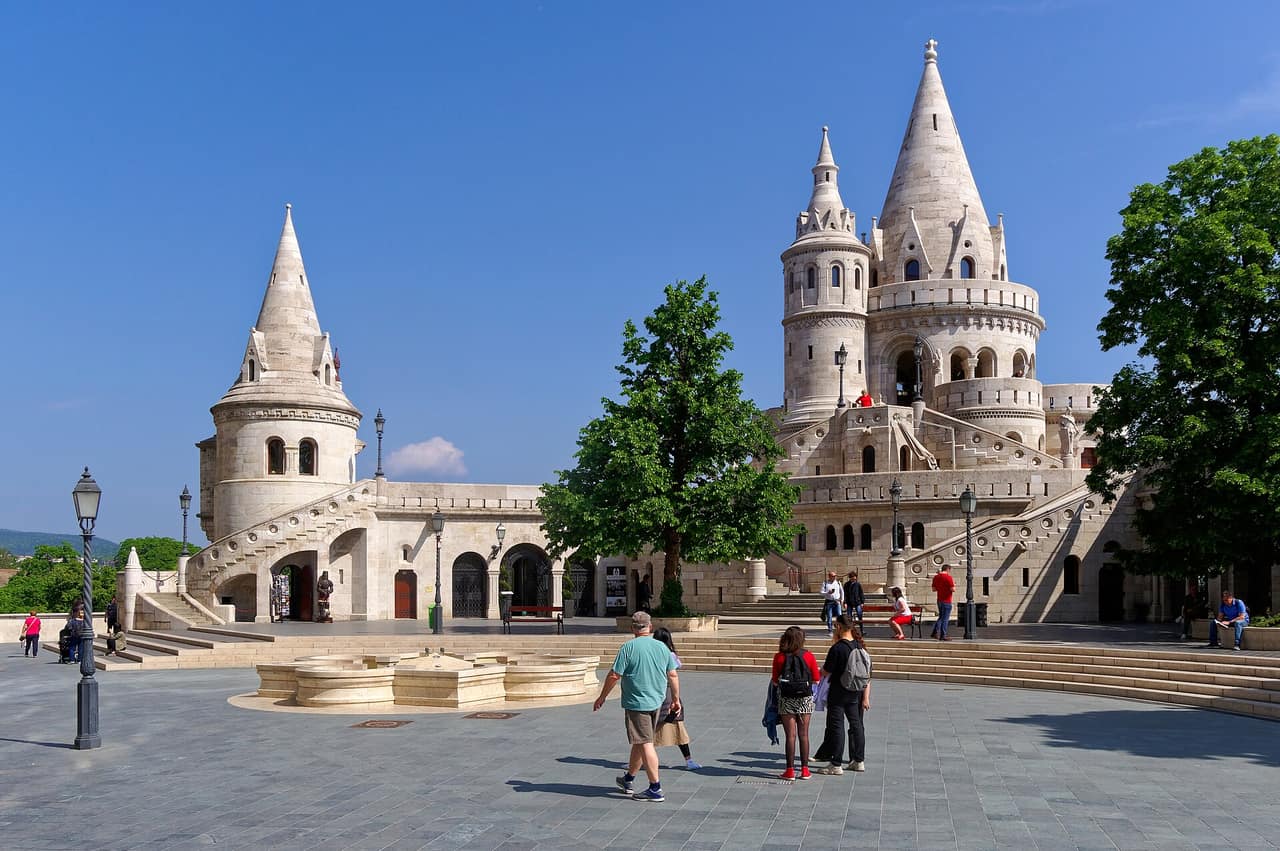 The white stone towers and arcades of Fisherman's Bastion overlooking Budapest