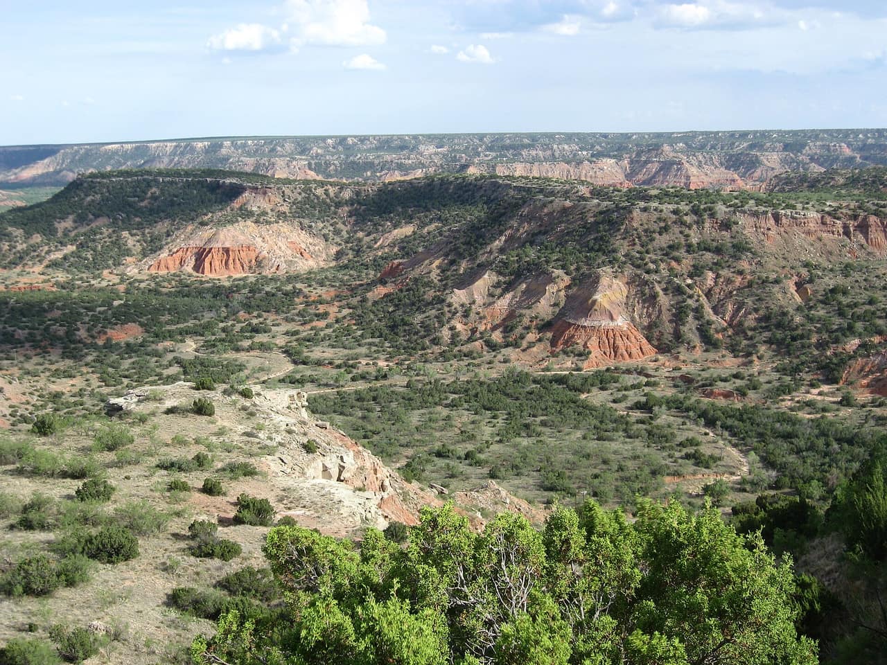 Red rock formations and layered cliffs in Palo Duro Canyon, Texas